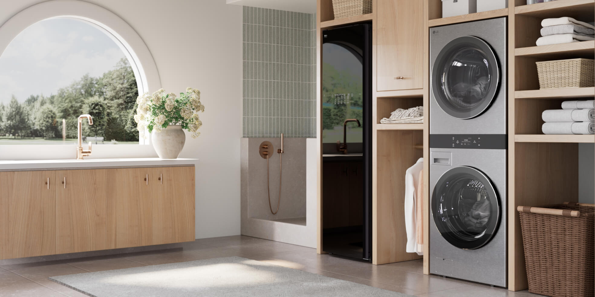 Minimalist kitchen with wooden accents and LG Studio appliances, labeled 'Sanctuary', promoting a peaceful, natural vibe.