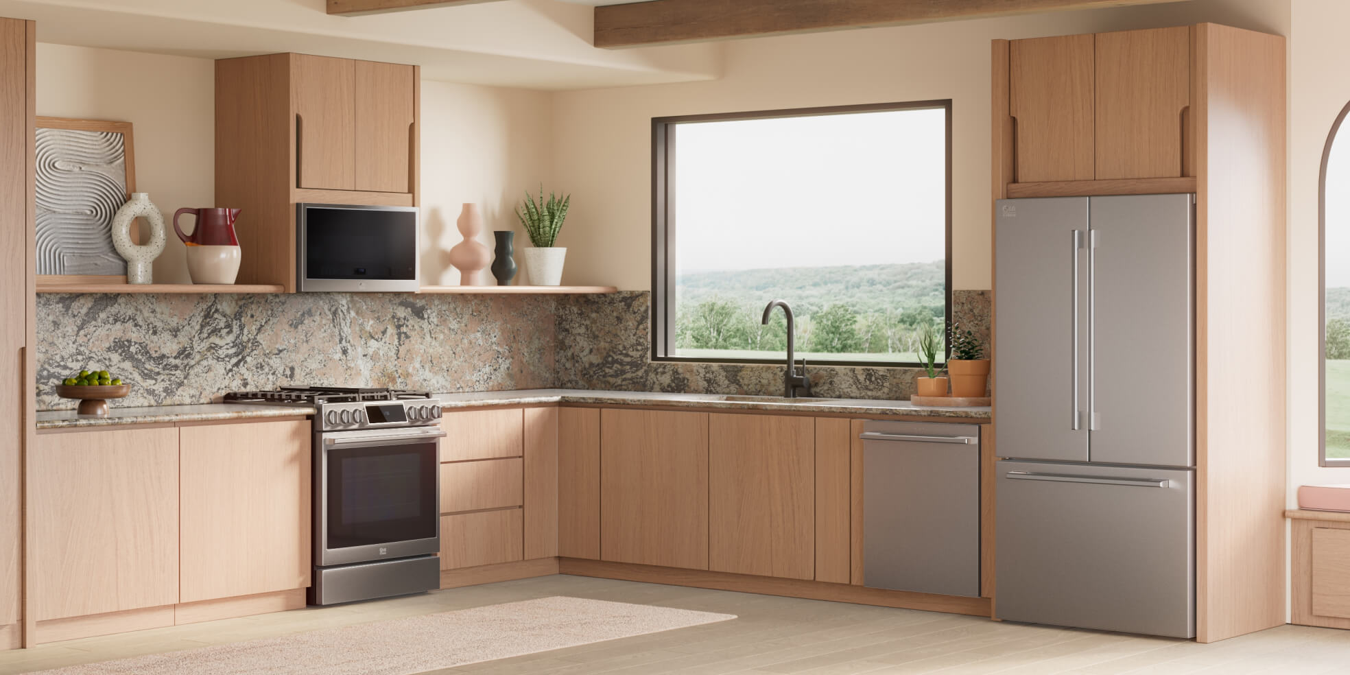 Minimalist kitchen with wooden accents and LG Studio appliances, labeled 'Sanctuary', promoting a peaceful, natural vibe.