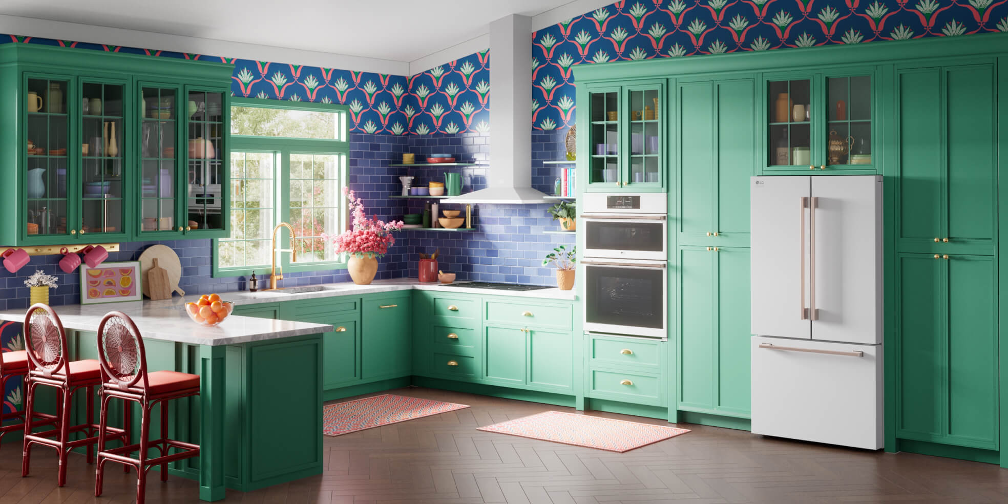 Colorful, eclectic kitchen design with LG Studio appliances, labeled 'High Energy', promoting a bold, maximalist aesthetic.