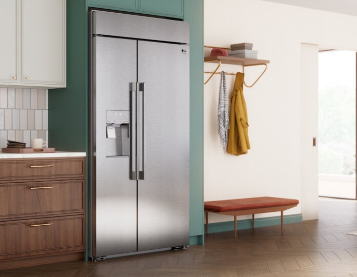 LG Studio Built-in refrigerator in a modern kitchen with cabinetry, sleek design.