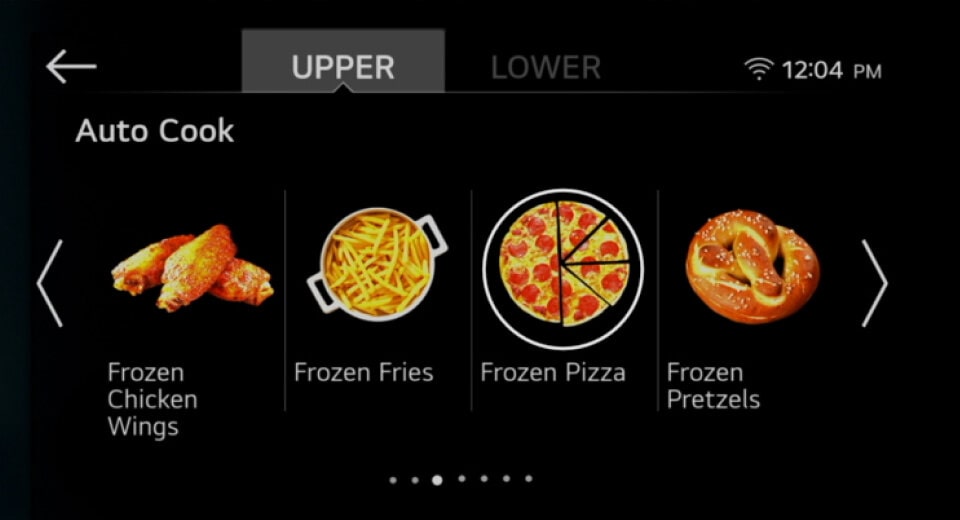 Close-up of an LG oven’s digital display showing preset cooking options, including 'Frozen Chicken Wings,' 'Frozen Pizza,' and 'Pretzels,' simplifying meal preparation with easy-to-use controls.