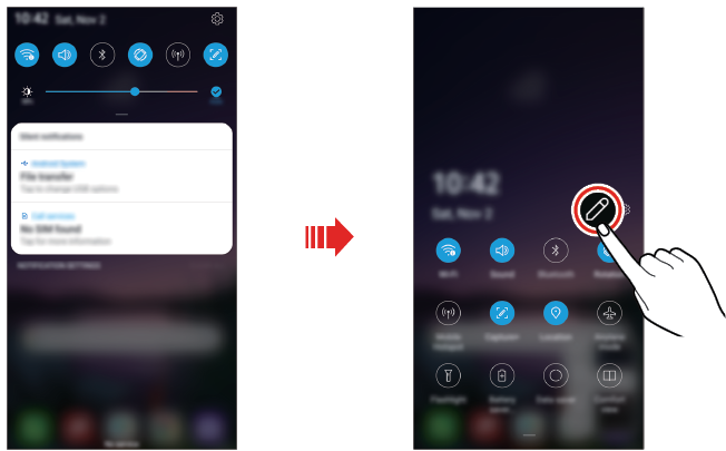Drag down the status bar at the top of the screen to open the notifications panel. To see the the list of quick access icons, drag down the notification panel. To edit quick access icons, tap the edit button at the top right of the list.