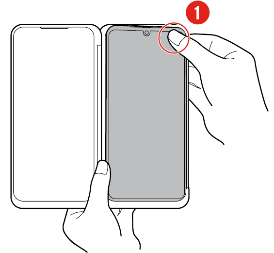 Press [1] of the phone with your finger to engage the edge of the phone with that of the case. 