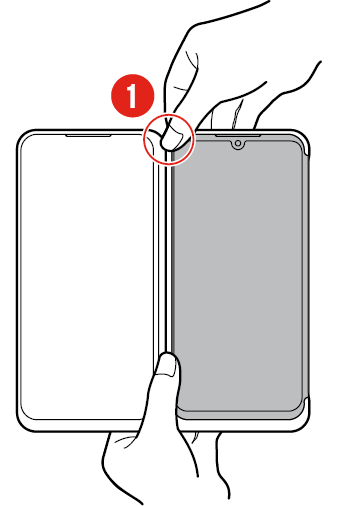 Press [1] of the case with your finger while simultaneously pressing the back of the phone with your other finger to pull the edge of the phone out of the case. 
