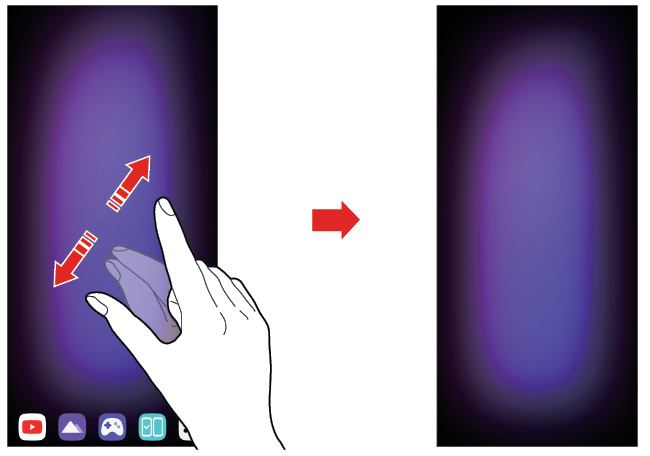 "Wallpaper view: Spread two fingers apart on the home screen to view the wallpaper. App icons and widgets disappear temporarily. To return to the original screen, pinch on the screen or tap the Back icon."