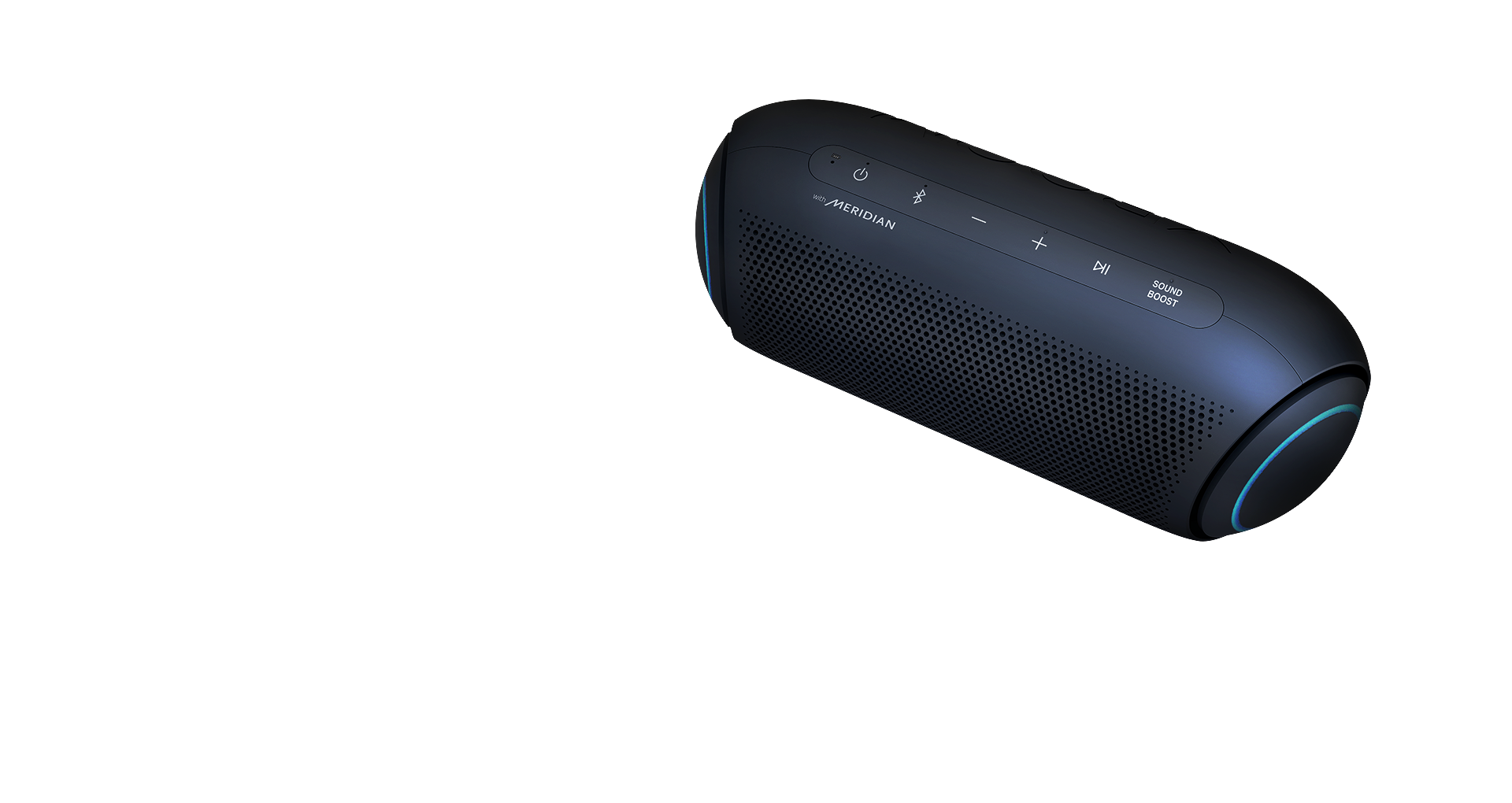 An LG XBOOM Go PL7 with sky-blue lighting against a black background has a ripple effect below it to represent sound waves.