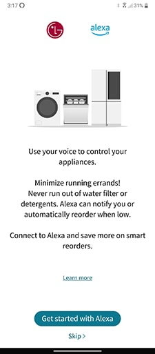 a screenshot from the lg thinq app that illustrates setting up Alexa