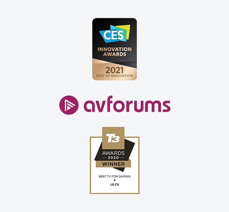 2021 CES Best Innovation Award logo, Avforums logo, T3 Awards logo