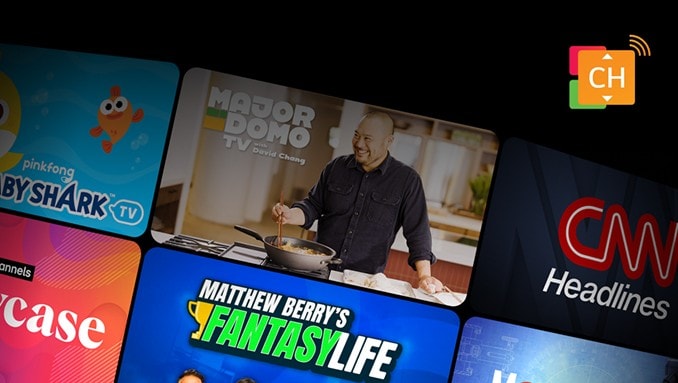 LG Channels preview showing a grid of channel options including CNN and kids programming.