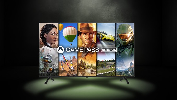 LG TV showing video game selection and the Xbox Game Pass Ultimate logo.