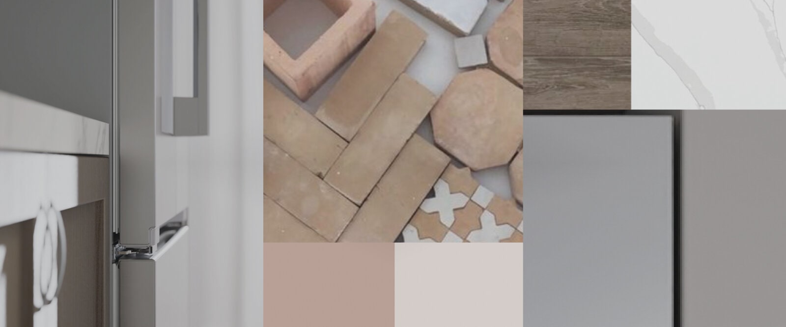 Collage of mixed materials, including brick, wood and marble, with a side view of the refrigerator on the left side and the words MAX out your space, MAX out your style across the image.