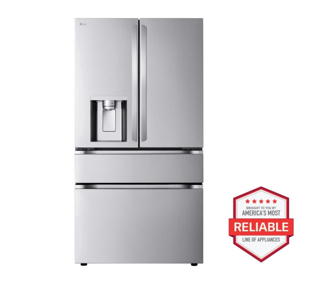 Front view of a stainless steel Counter-Depth MAX Refrigerator with Zero Clearance against a white background with the America's Most Reliable Line of Appliances logo next to it.