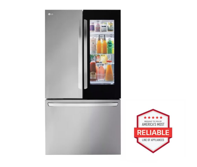 Front view of a stainless steel Counter-Depth MAX Refrigerator with Zero Clearance against a white background with the America's Most Reliable Line of Appliances logo next to it.