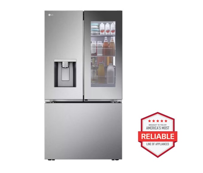 Front view of a stainless steel Counter-Depth MAX Refrigerator with Zero Clearance against a white background with the America's Most Reliable Line of Appliances logo next to it.