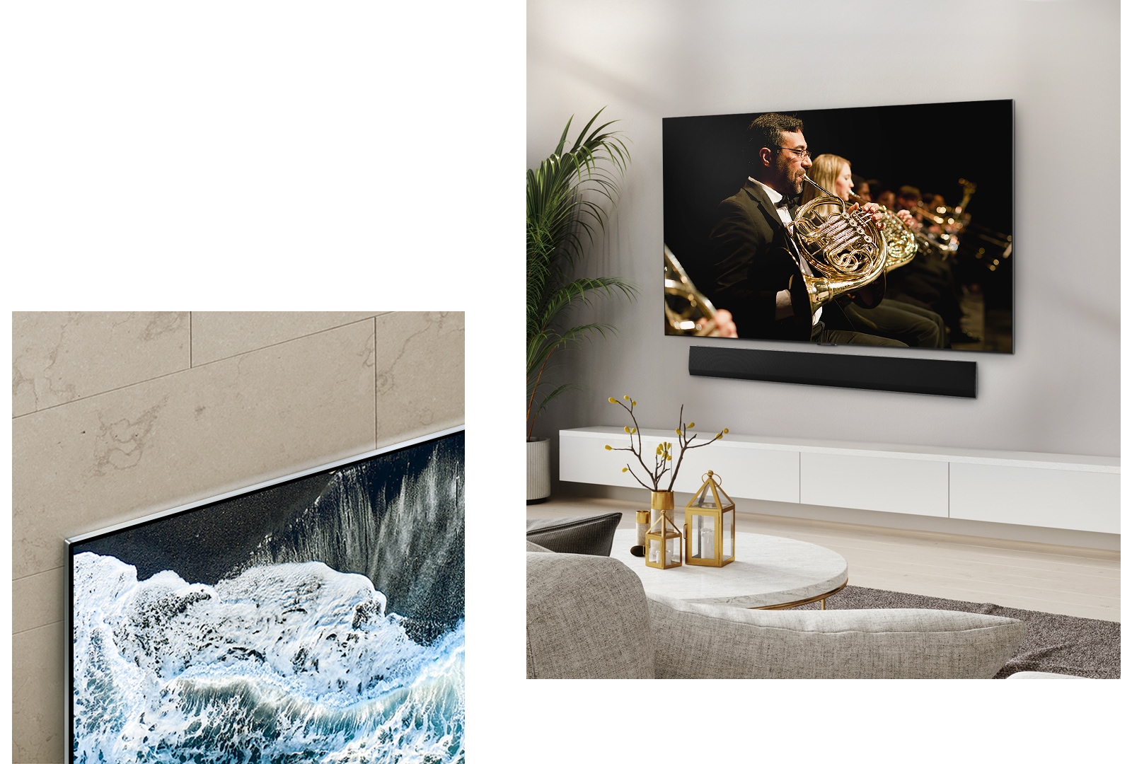 LG OLED TV, OLED G4 within an angled of perspective against a marbled wall showing how it merges against the wall.   LG OLED TV, OLED G4 and an LG Soundbar in a clean living space flat against the wall with an orchestral performance playing on screen. 