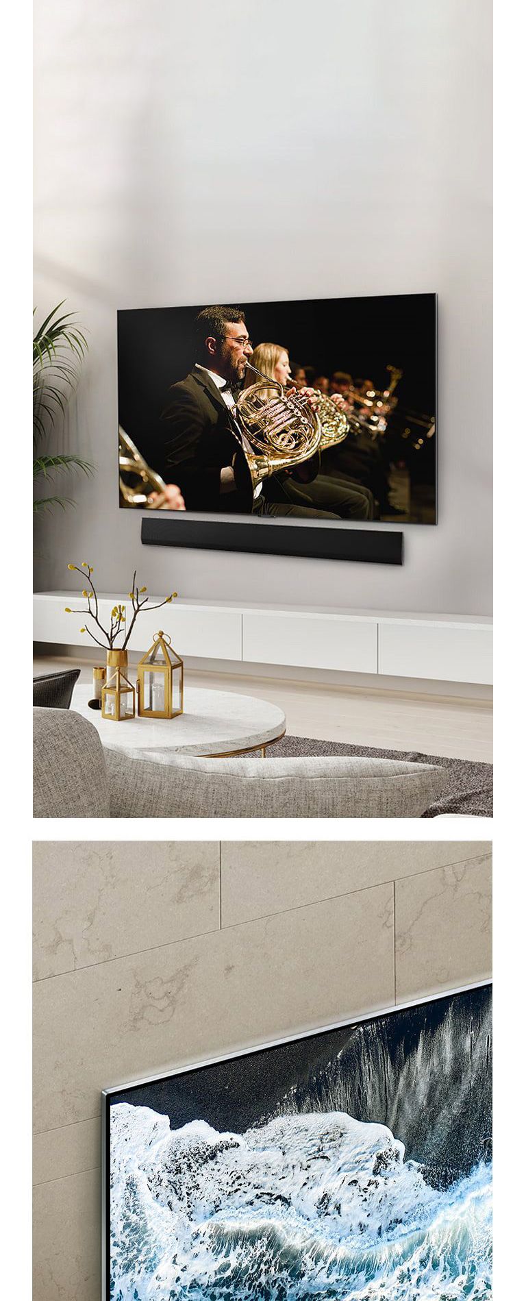 LG OLED TV, OLED G4 within an angled of perspective against a marbled wall showing how it merges against the wall.   LG OLED TV, OLED G4 and an LG Soundbar in a clean living space flat against the wall with an orchestral performance playing on screen. 