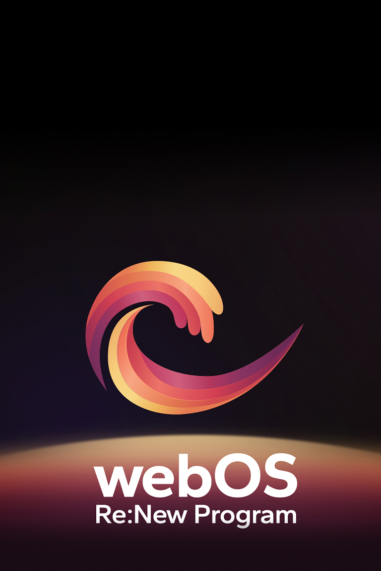Qora fonda webOS Re:New Program logotipi quyidagi ko‘k va binafsha rangli dumaloq shar bilan. 