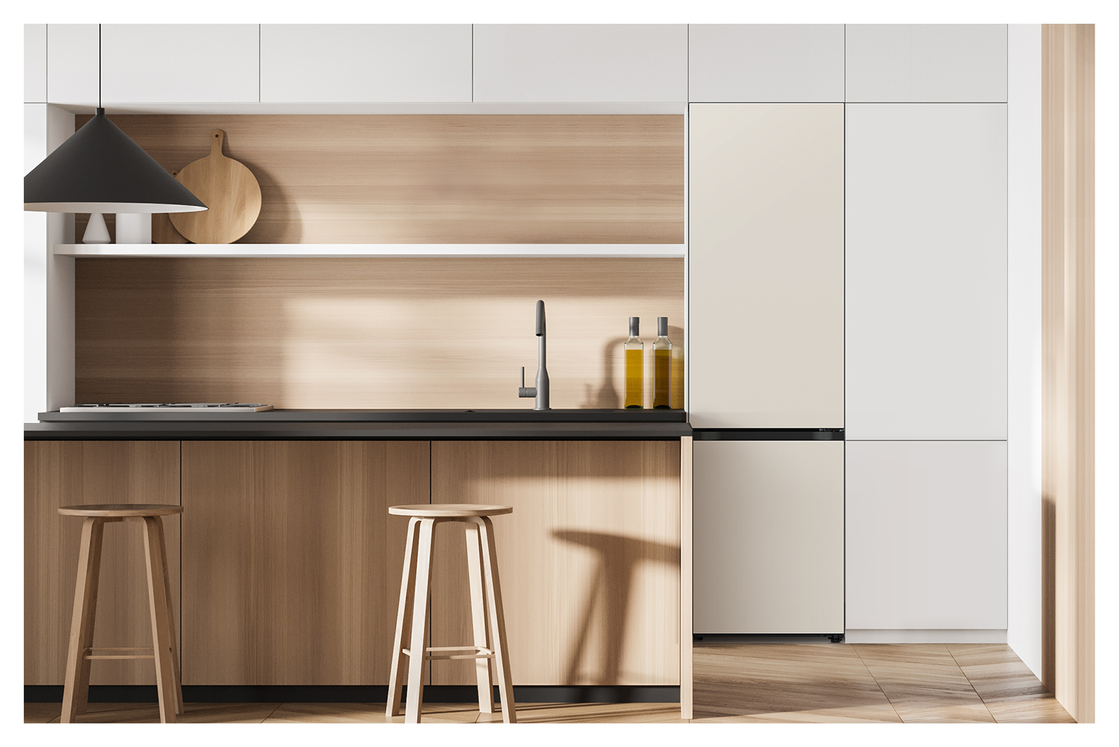 It shows mist beige color Bottom Freezer placed in the kitchen that matches naturally to the furniture around.