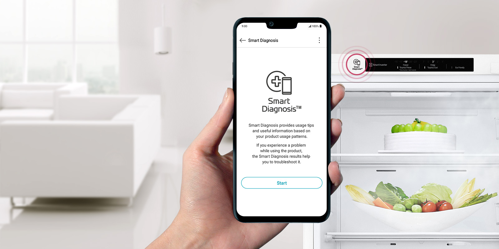 Рука, указывающая вперед, держит телефон на фоне холодильника. На экране телефона отображается приложение Smart Diagnosis для получения технических предупреждений.
