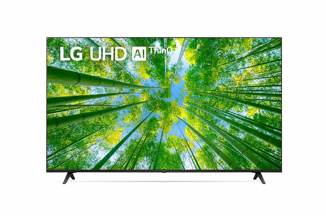 LG televizori | UQ80 | 65'' | 4K | Smart UHD | 60 Gz, LG UHD televizorining toʻldiruvchi rasm va mahsulot logotipi bilan old tomondan koʻrinishi, 65UQ80006LB