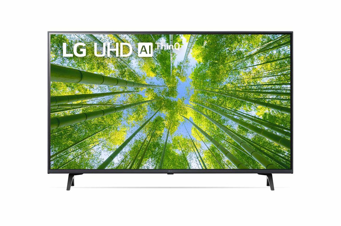 LG televizori | UQ80 | 43'' | 4K | Smart UHD | 60 Gz, LG UHD televizorining toʻldiruvchi rasm va mahsulot logotipi bilan old tomondan koʻrinishi, 43UQ80006LB