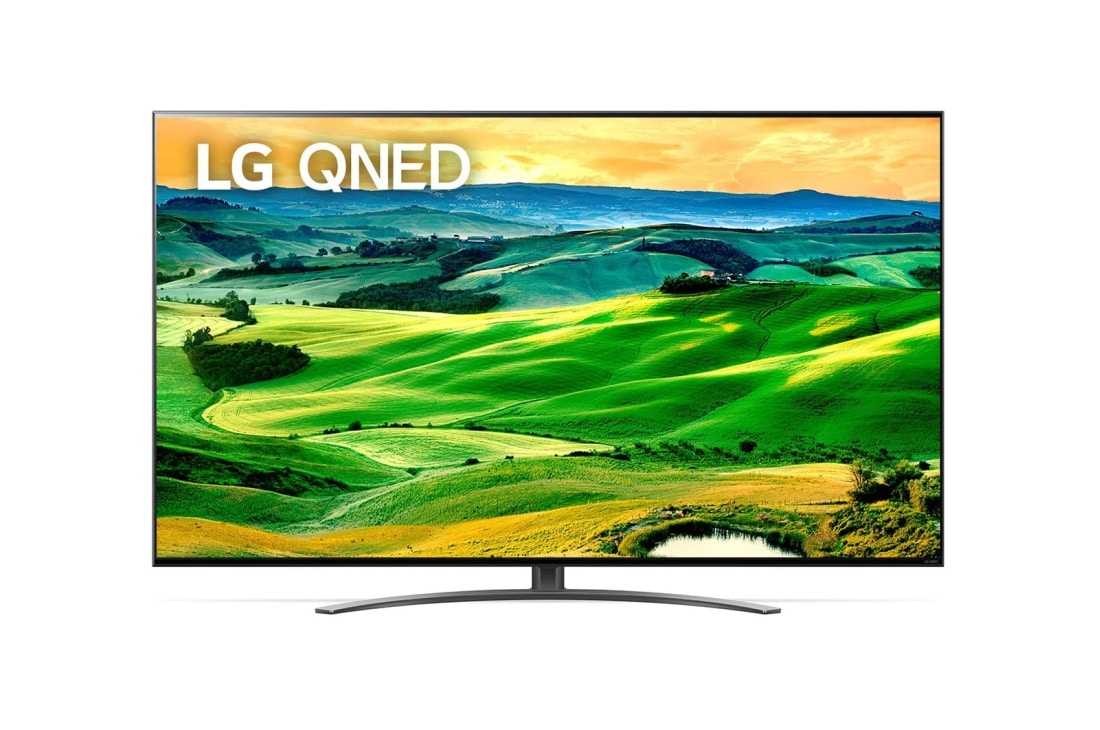 LG QNED 816 | 55'' | 4K | Smart | webOS | Air Sound Pro, LG QNED televizorining toʻldiruvchi rasm va mahsulot logotipi bilan old tomondan koʻrinishi, 55QNED816QA