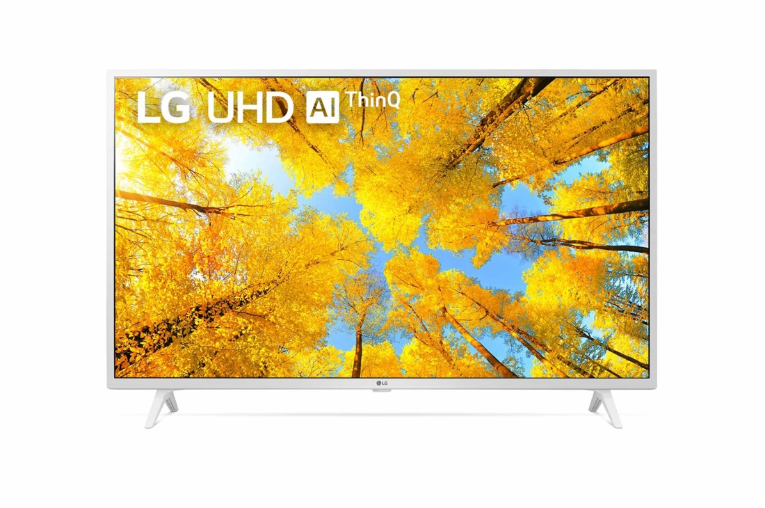 LG televizori | UQ76 | 43'' | 4K | Smart UHD | 60 Gz, LG UHD televizorining toʻldiruvchi rasm va mahsulot logotipi bilan old tomondan koʻrinishi, 43UQ76906LE