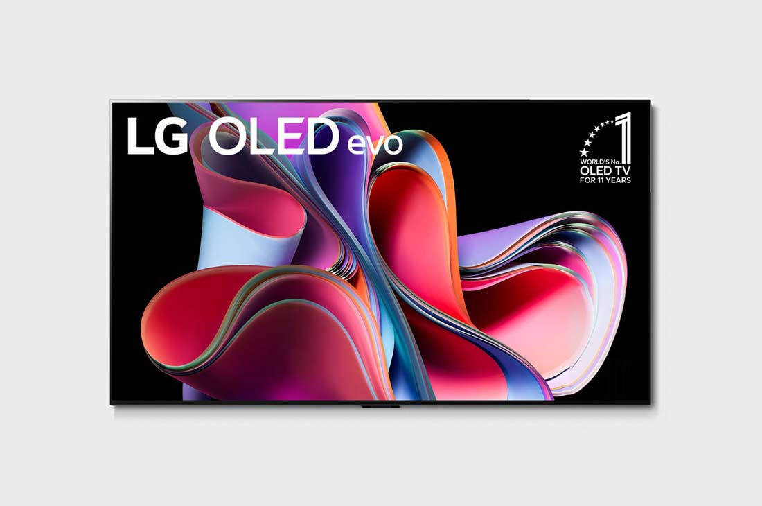 LG 65 duymli LG OLED evo G3 4K Smart TV 2023, LG OLED evo, dunyodagi 1-raqamli 11-yillik va ekranda panelga 5 yillik kafolat logotipining old tomondan koʻrinishi, OLED65G3RLA