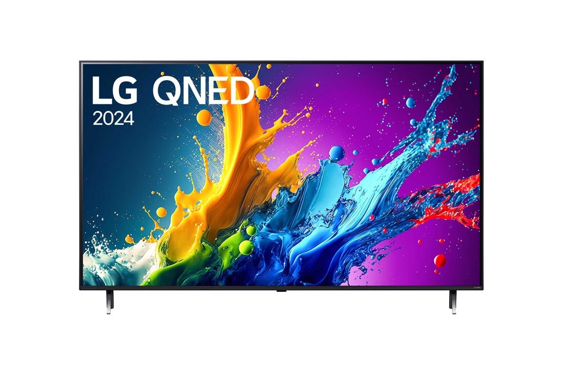 LG 55 dyuymli LG QNED QNED80 4K Smart TV 2024, LG QNED TV, QNED80 televizorining LG QNED, 2024 matni va ekranda webOS Re:New Program log logotipi bilan old tomondan ko‘rinishi, 55QNED80T6A