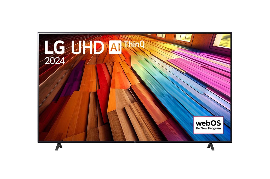 LG 86 dyuymli LG UHD UT81 4K Smart TV 2024, LG UHD TV, UT81 televizorining LG UHD AI ThinQ, 2024 matni va ekranda webOS Re:New Program log logotipi bilan old tomondan ko‘rinishi, 86UT81006LA