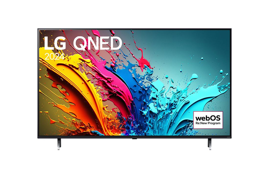 LG 65 dyuymli LG QNED QNED86 4K Smart TV 2024, LG QNED TV, QNED80 televizorining LG QNED, 2024 matni va ekranda webOS Re:New Program log logotipi bilan old tomondan ko‘rinishi, 65QNED86T6A