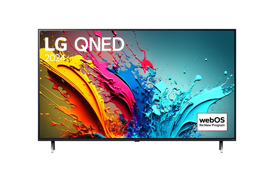 LG 55 dyuymli LG QNED QNED86 4K Smart TV 2024, LG QNED TV, QNED80 televizorining LG QNED, 2024 matni va ekranda webOS Re:New Program log logotipi bilan old tomondan ko‘rinishi, 55QNED86T6A