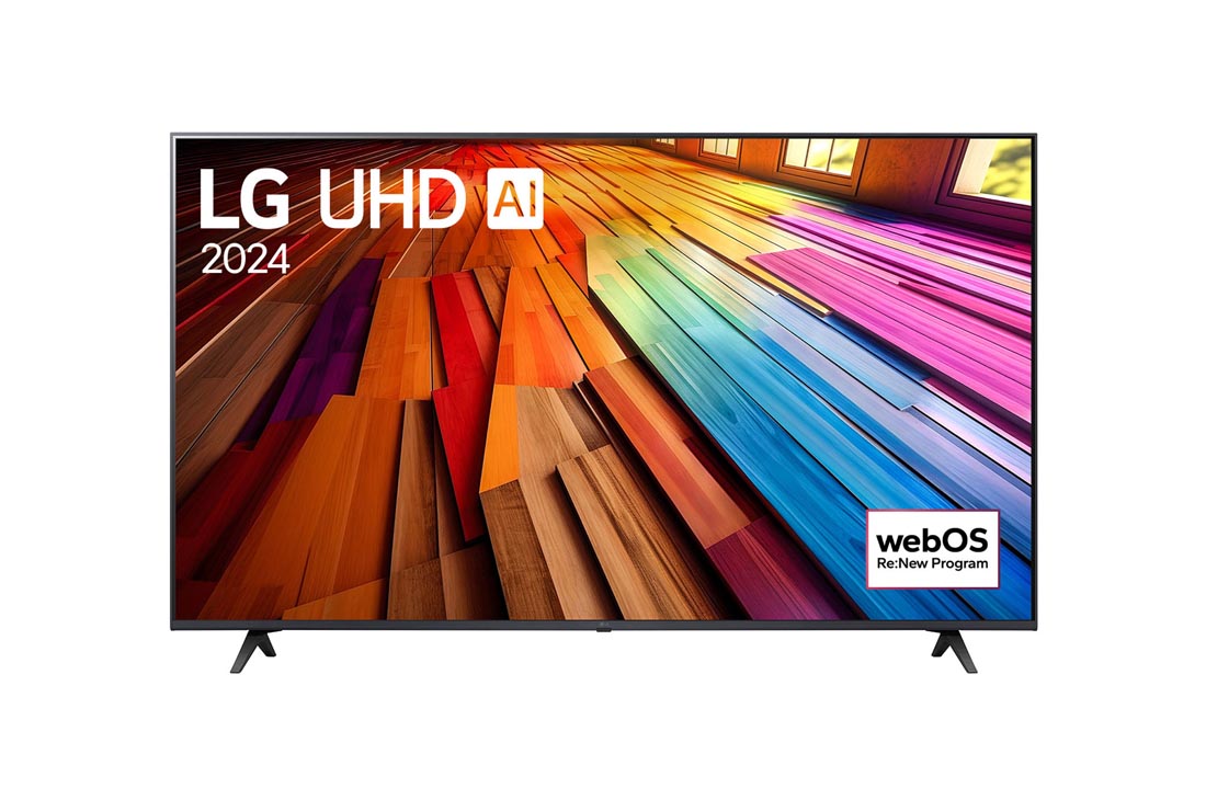 LG 55 dyuymli LG UHD UT80 4K Smart TV 2024, LG UHD TV, UT81 televizorining LG UHD AI ThinQ, 2024 matni va ekranda webOS Re:New Program log logotipi bilan old tomondan ko‘rinishi, 55UT81009LB