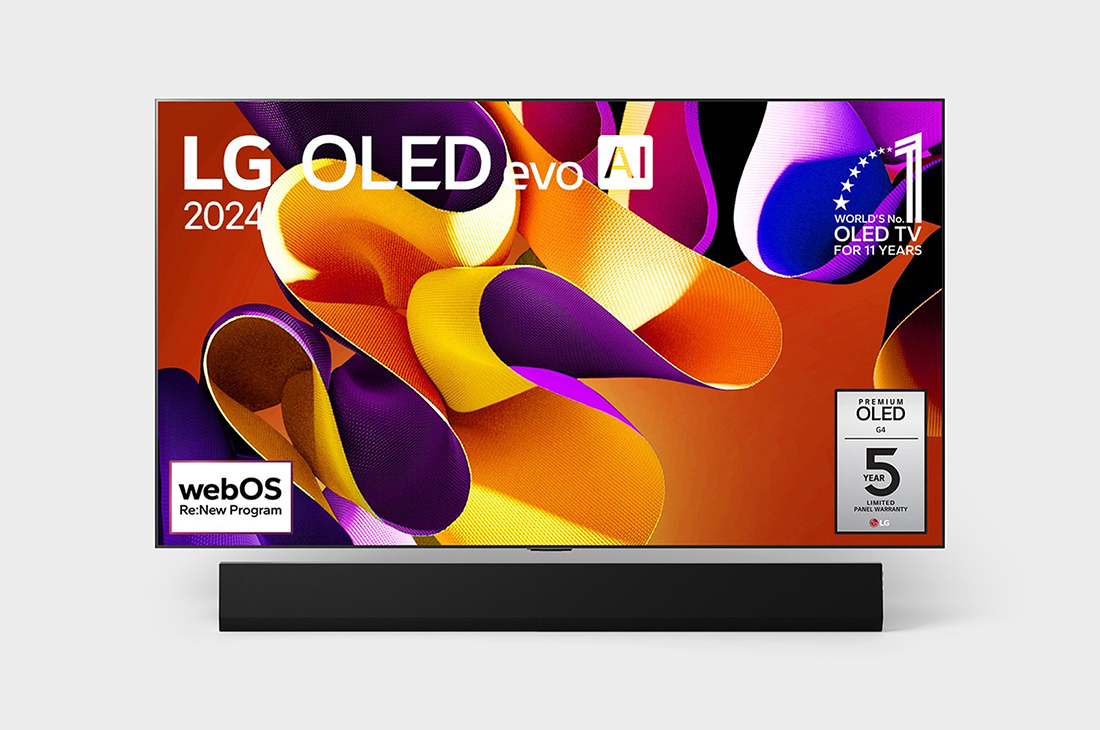 LG 77 dyuymli Smart TV LG OLED evo G4 4K OLED77G4, LG OLED evo, OLED G4 televizorining oldingi ko‘rinishi, "11 yil davomida OLED №1" logotipi va ekranda webOS Re:New logotipi, shuningdek, saundbar ko'rinishi., OLED77G4RLA