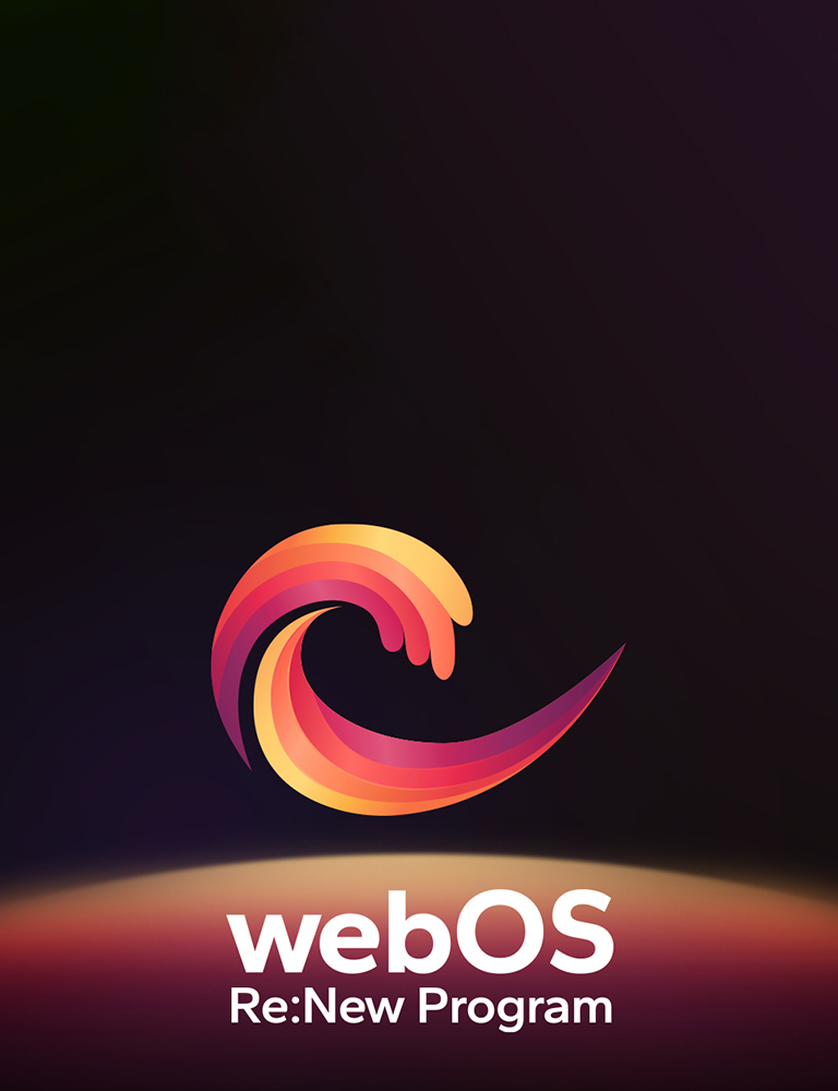 Logo программы webOS Re:New на черном фоне с желто-оранжевой и фиолетовой круглой сферой внизу.