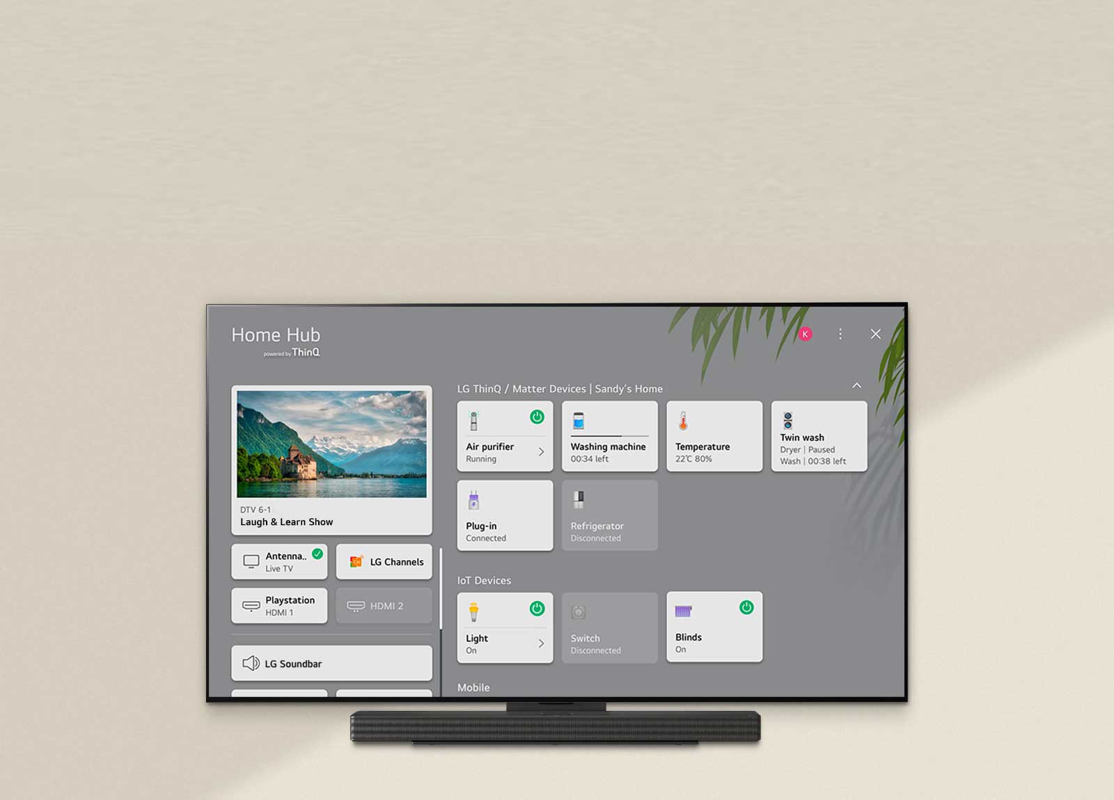 Пульт дистанционного управления направлен на телевизор LG OLED TV, в правой части экрана которого отображаются настройки.