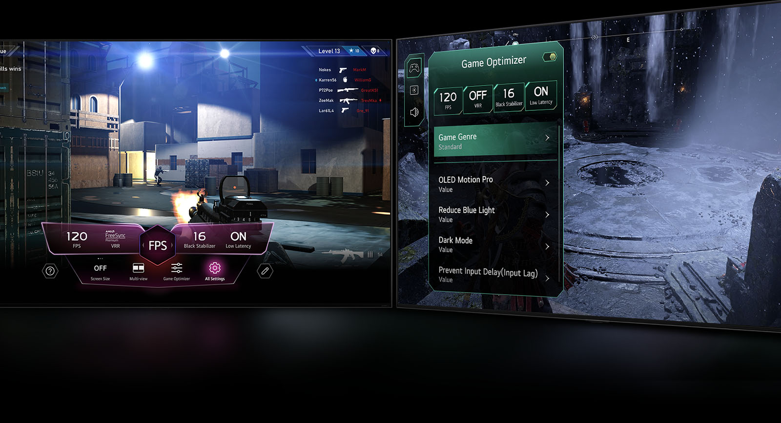 Сцена из шутера от первого лица с панелью Game Dashboard, появляющейся на экране во время игры. Темная зимняя сцена с меню Game Optimizer, появляющимся поверх игры. 