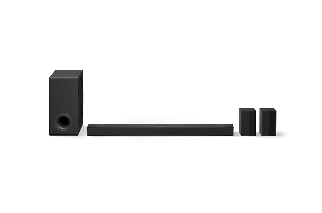 LG Звуковая панель LG Soundbar для телевизора с 5.1.3-канальным звуком S80TR Dolby Atmos, Вид спереди на звуковую панель LG Soundbar S80TR, сабвуфер и задние динамики., S80TR