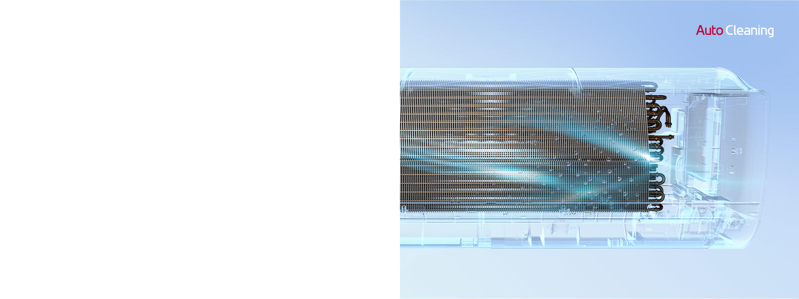 Вид спереди на кондиционер LG с полностью невидимым внешним видом, поэтому можно увидеть внутреннюю работу машины. Устройство работает, а затем синий свет, механизм автоматической очистки, включается и омывает машину синим светом. Логотип AutoCleaning находится в правом верхнем углу.