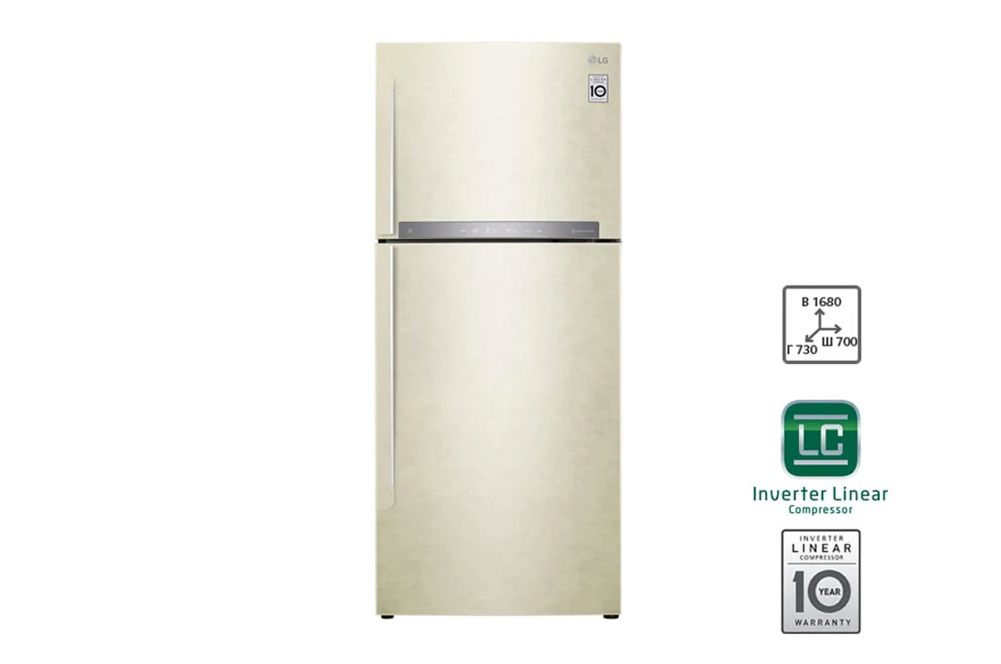 LG Объем 410 л | Холодильник LG с верхней морозильной камерой | Бежевый | HygieneFresh+™ | Linear Inverter Compressor, front view, GN-H432HEHZ