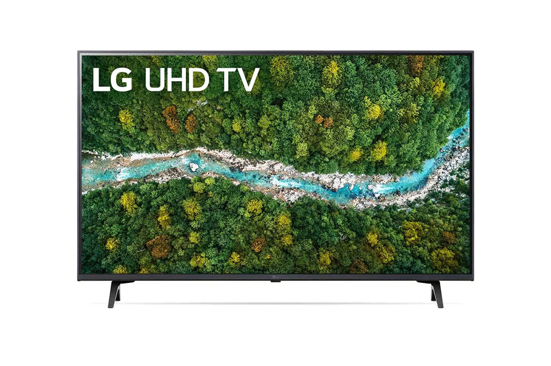 LG UP77 43'' 4K Smart UHD телевизор, вид спереди с изображением на экране, 43UP77006LB
