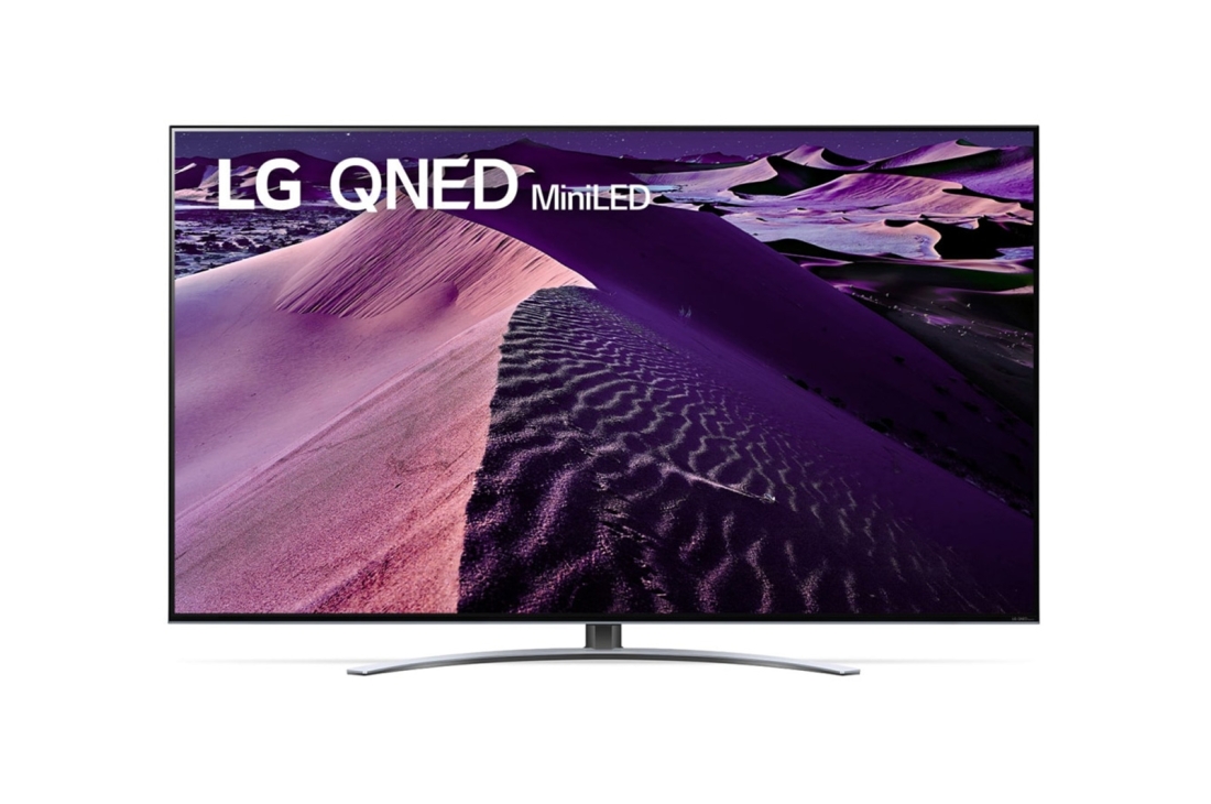 LG QNED MiniLED 4K телевизор 75'' серия 87, Вид телевизора LG QNED спереди с изображением на экране и логотипом продукта, 75QNED876QB