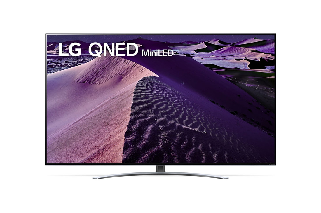 LG QNED MiniLED 4K телевизор 65'' серия 87, Вид телевизора LG QNED спереди с изображением на экране и логотипом продукта, 65QNED876QB