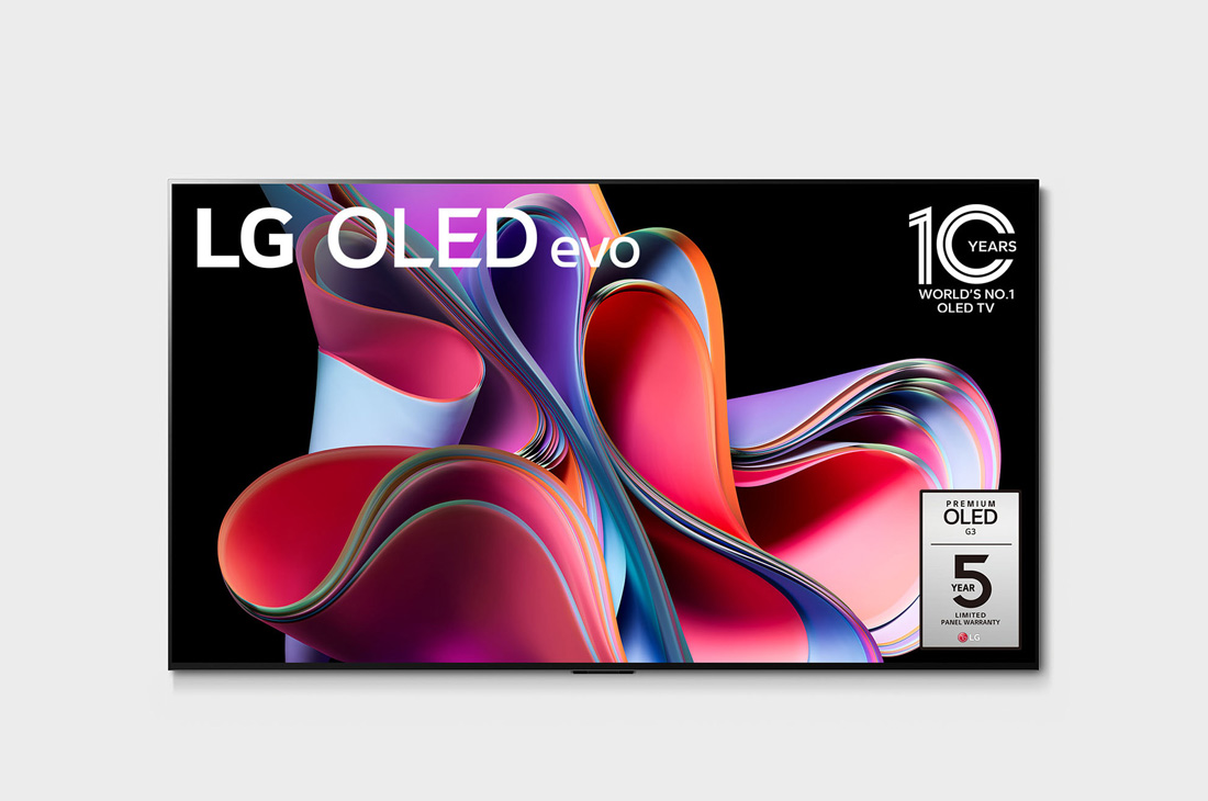 LG 77-дюймовый 4K смарт-телевизор LG OLED evo G3 2023 года, Вид спереди с LG OLED evo, эмблемой «OLED №1 в мире в течение 10 лет» и логотипом «Гарантия 5 лет на панель» на экране, OLED77G3RLA