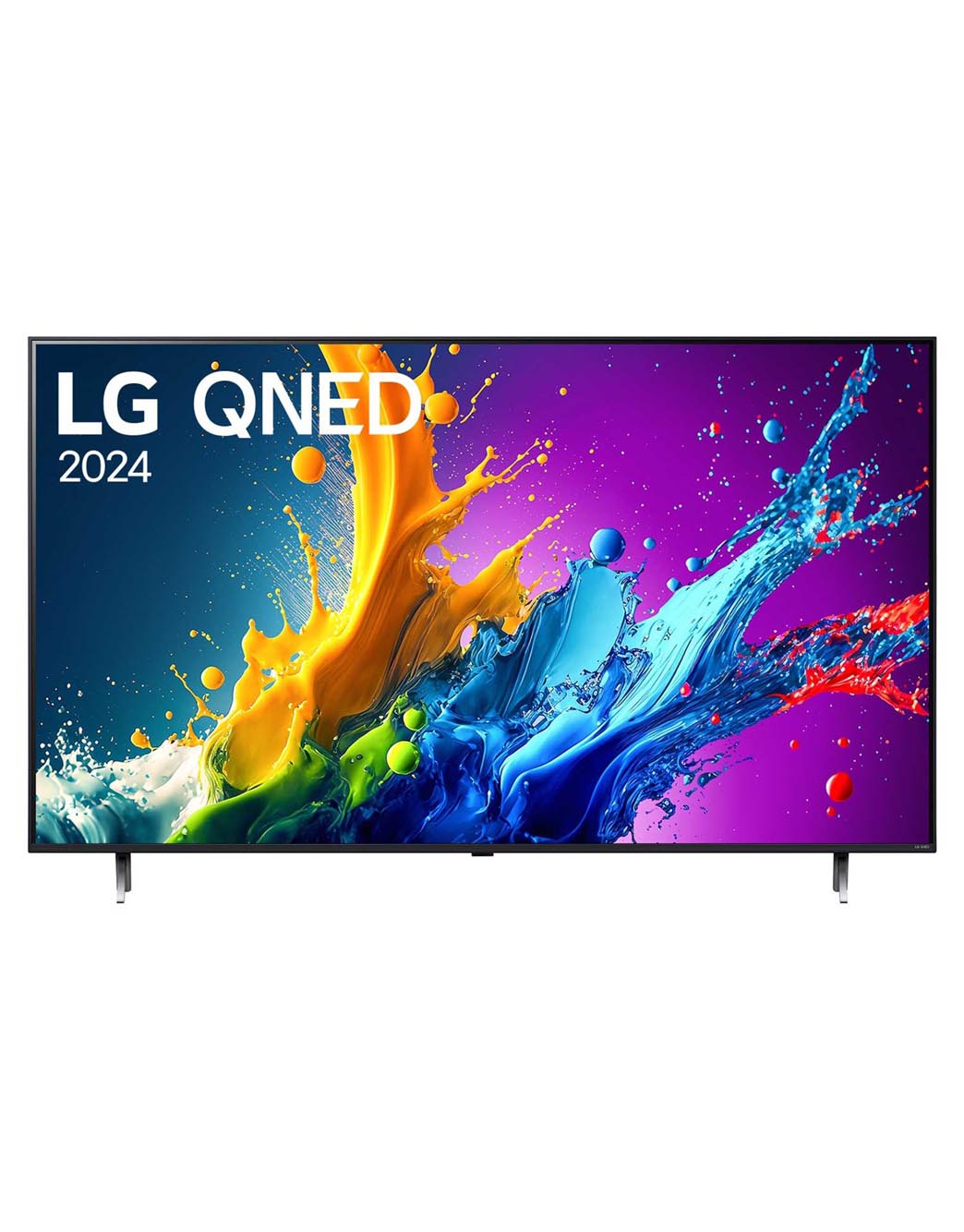LG 86-дюймовый телевизор Smart TV LG QNED QNED80 4K 2024, Вид спереди на телевизор LG QNED, QNED80 с текстом LG QNED, 2024 и логотипом webOS Re:New Program на экране, 86QNED80T6A
