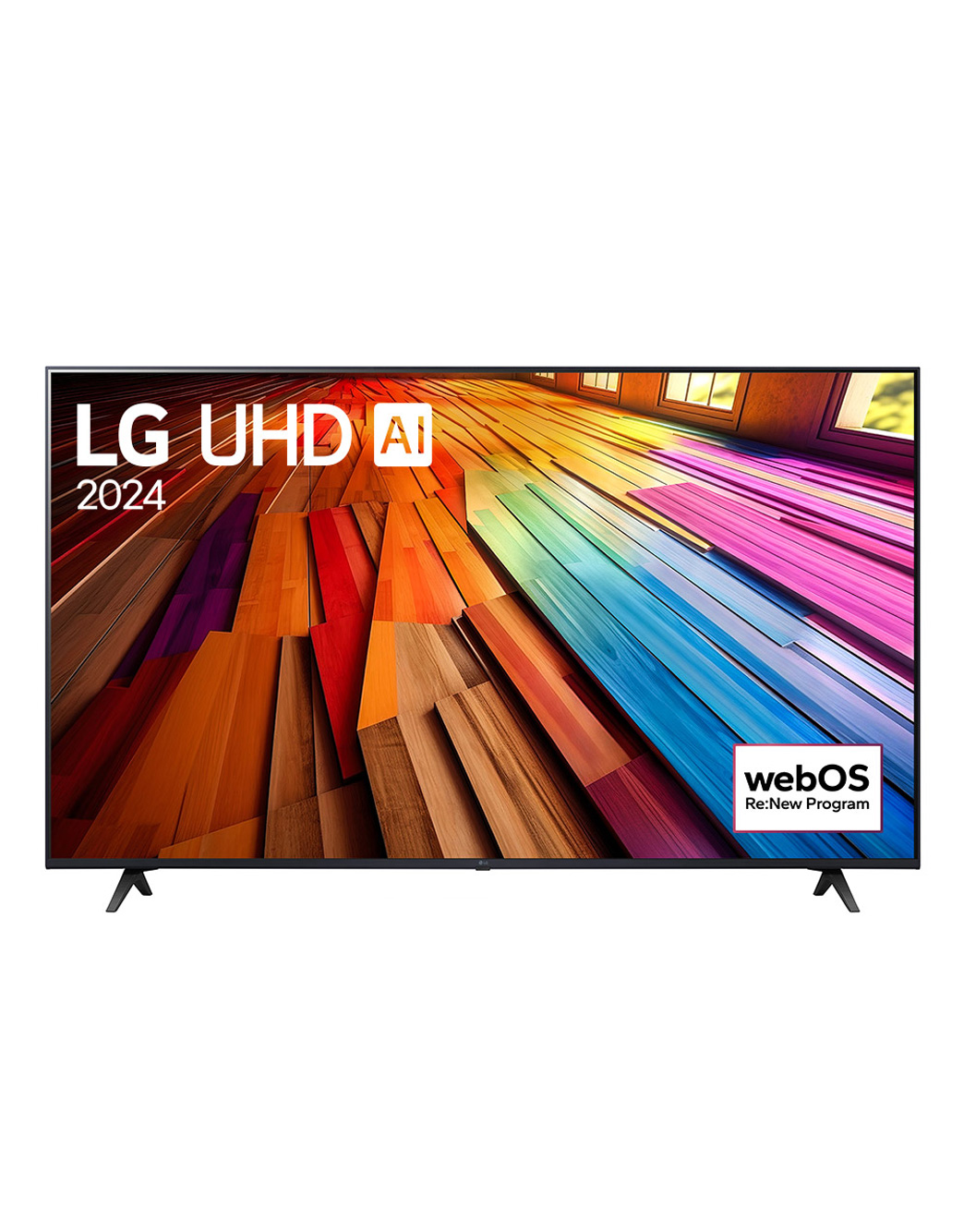 LG 55-дюймовый телевизор Smart TV LG UHD UT80 4K 2024, Вид спереди на телевизор LG UHD, UT80 с текстом LG UHD AI ThinQ, 2024 и логотипом webOS Re:New Program на экране, 55UT80006LA