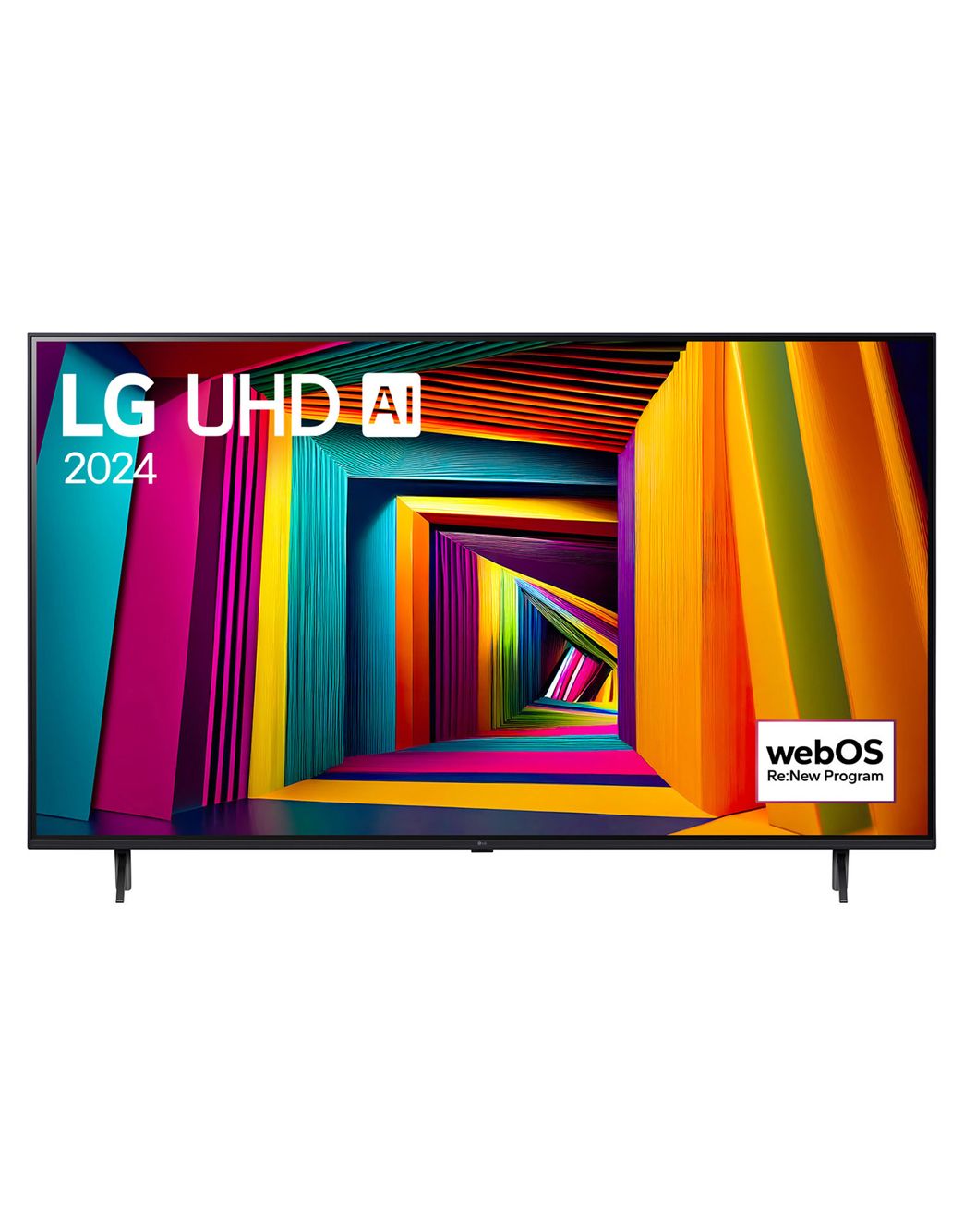 LG 75-дюймовый телевизор Smart TV LG UHD UT91 4K 2024, Вид спереди на телевизор LG UHD, UT91 с текстом LG UHD AI ThinQ, 2024 и логотипом webOS Re:New Program на экране, 75UT91006LA
