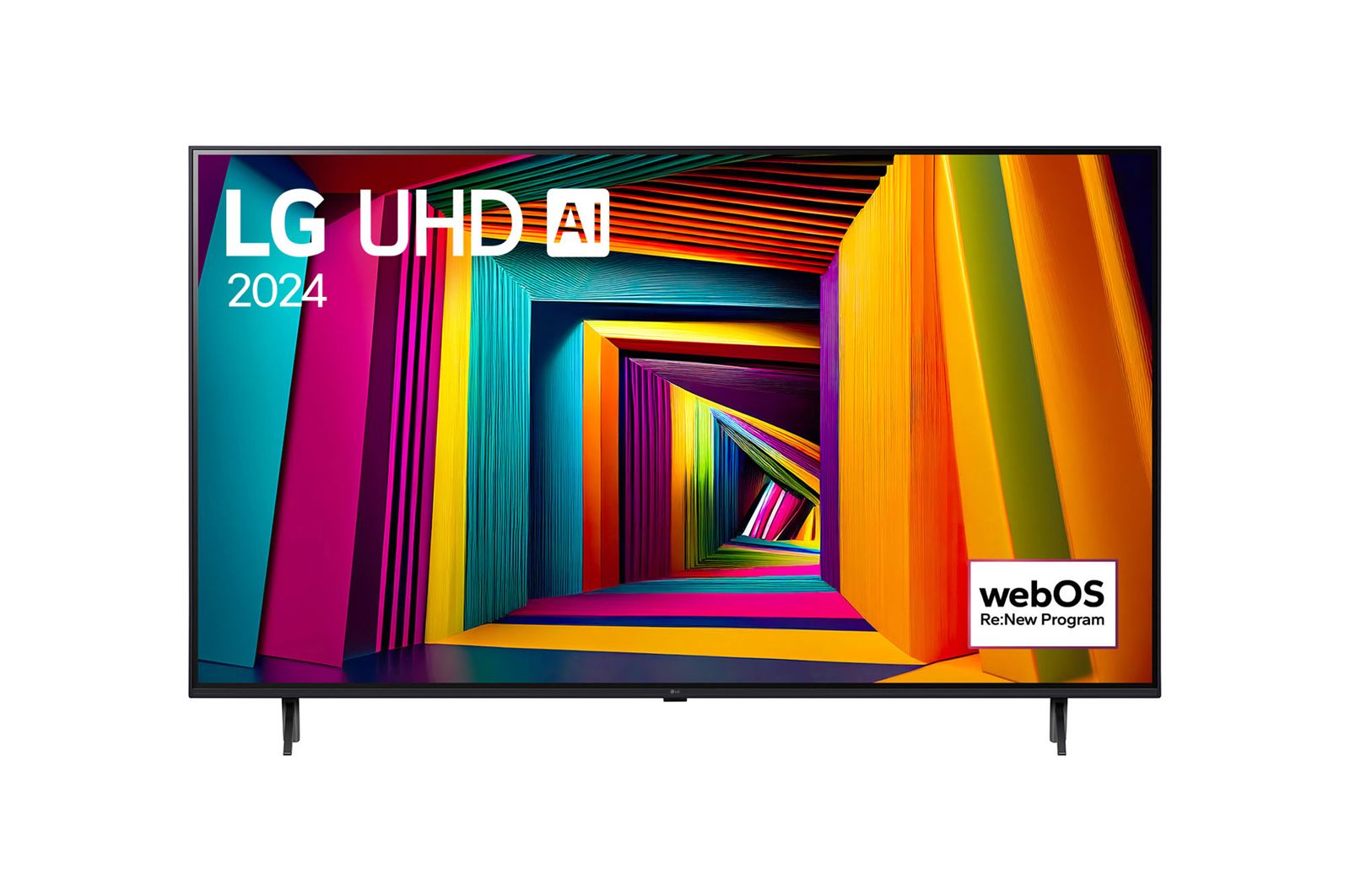 LG 75-дюймовый телевизор Smart TV LG UHD UT91 4K 2024, Вид спереди на телевизор LG UHD, UT91 с текстом LG UHD AI ThinQ, 2024 и логотипом webOS Re:New Program на экране, 75UT91006LA
