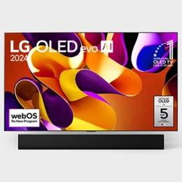 Вид спереди на телевизор LG OLED evo, OLED G4, вид на эмблему «OLED №1 в течение 11 лет» на экране, а также на расположенную ниже звуковую панель2