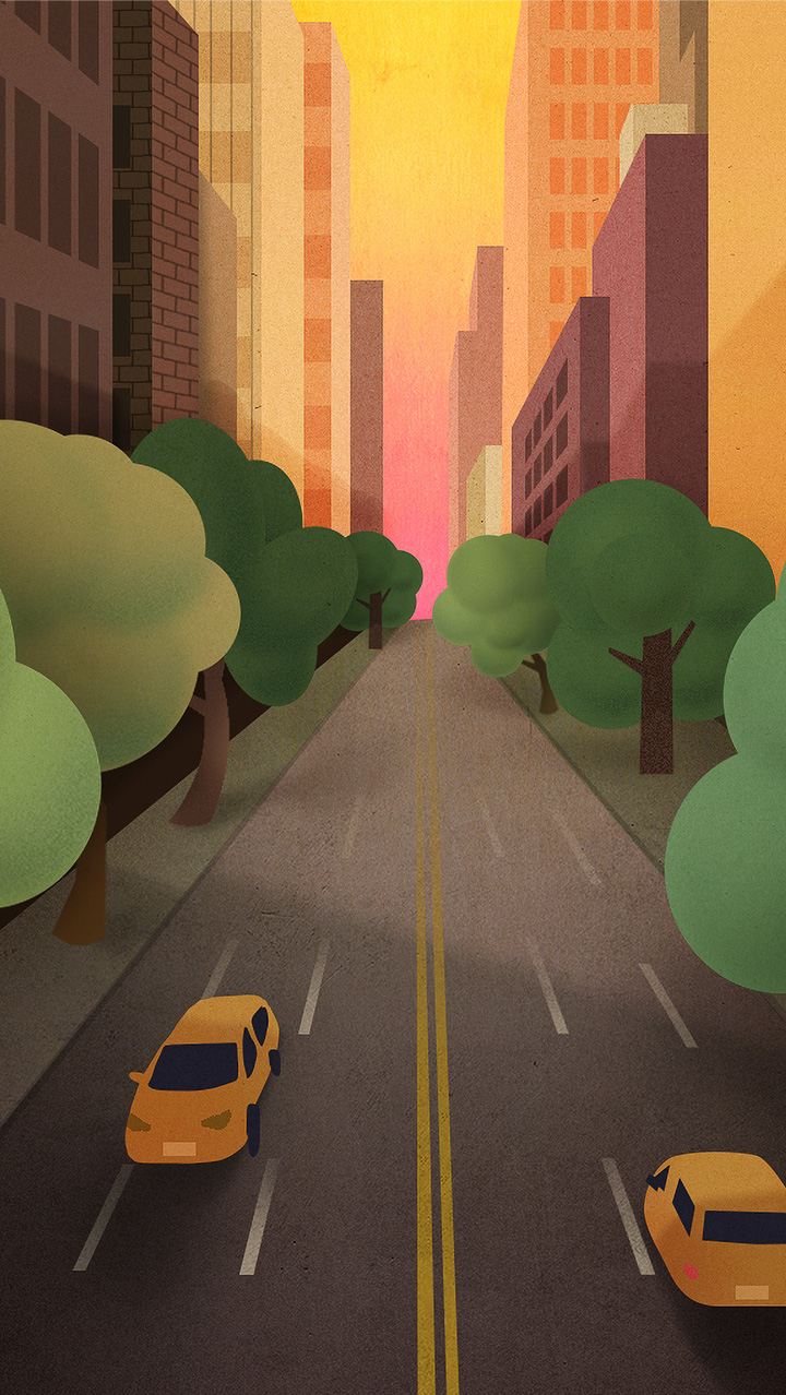 Иллюстрация в карандашной технике, изображающая усаженную деревьями городскую дорогу с проезжающими по ней автомобилями